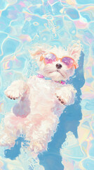 Obraz premium Fluffy puppy floating in blue water, wearing stylish sunglasses, enjoying summer