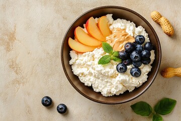Cottage cheese, curd cheese with fresh nectarine, blueberry and peanut butter in a bowl over beige rustic background. Healthy dairy product rich in Calcium and Protein. Top view