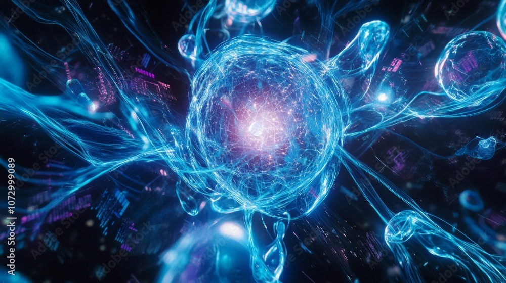 Poster a mesmerizing view of glowing cells in a vibrant digital universe. this image showcases futuristic e