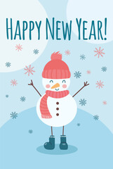 Christmas and New Year greeting card with snowman and snowflakes. Holiday greeting card. Trendy flat design vector illustration. Vector card design template
