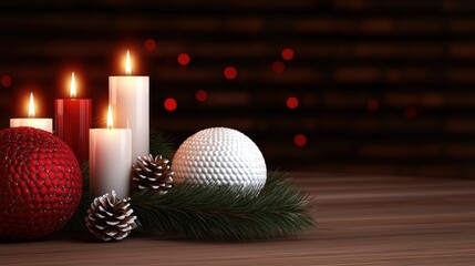 A serene holiday arrangement featuring red and white candles, Christmas ornaments, and pinecones on a warm wooden surface