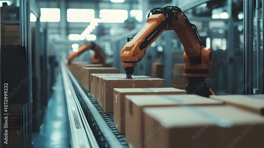 Aufkleber a robot is working on a conveyor belt with boxes. the robot is orange and has a long arm