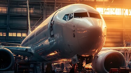 Aircraft manufacturing facility with engineers working on large airplane assembly, showcasing advanced technology and precision engineering in aviation industry.