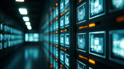 Fototapeta premium A futuristic data center featuring rows of servers with illuminated screens, conveying a high-tech environment and advanced technology.