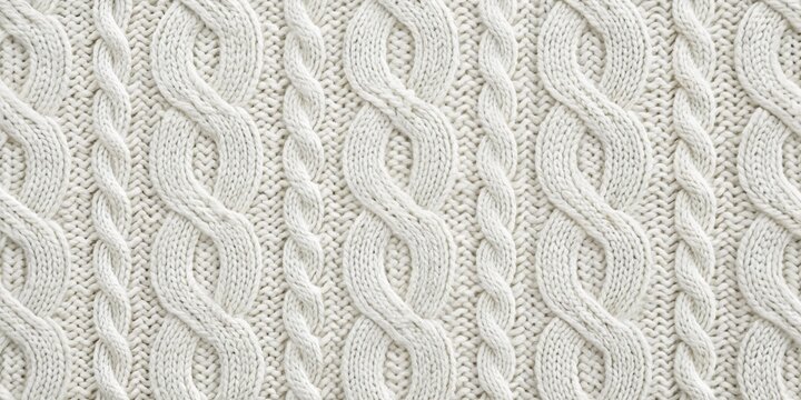 A close-up of a soft, white knitted fabric with a classic cable knit pattern, showcasing the intricate texture and woven loops that create a cozy and inviting look.