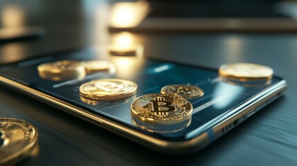 Bitcoin on the Go: A close-up shot of a smartphone with gold Bitcoin coins scattered around it, capturing the essence of digital currency and the ease of mobile transactions.  