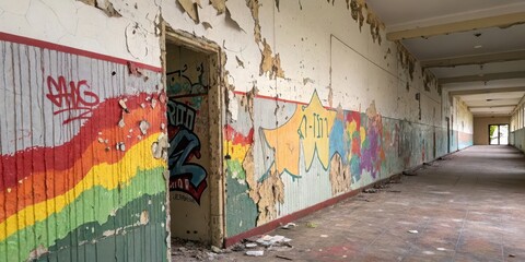 A Forgotten Corridor With Graffiti Art And Peeling Paint On The Walls Of An Abandoned Building