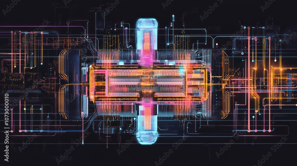 Poster an abstract, digital representation of a computer circuit board, with glowing, neon lines, and a cen