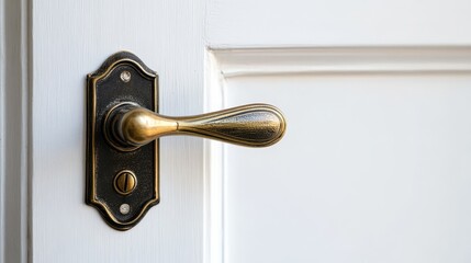 Obraz premium Antique Brass Door Handle: A close-up of an elegant antique brass door handle against a white door, evoking a sense of classic design and timeless craftsmanship. 