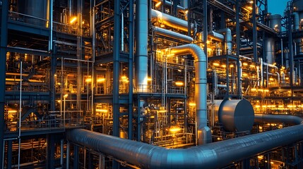 A large industrial plant with many pipes and a lot of light. Scene is industrial and somewhat ominous