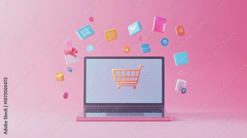 Poster Laptop displaying shopping cart icon with floating e commerce icons on pink background
