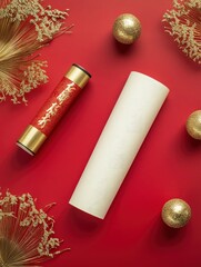 traditional Japanese red paper scroll with gold ornaments, open, empty with a white fiber delicate calligraphy paper stick inside, kind of mockup, with generative ai