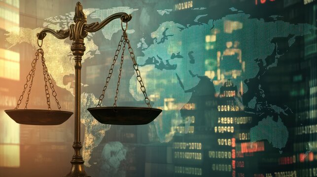 A global finance law concept with scales of justice overlaid on a world map filled with stock market symbols