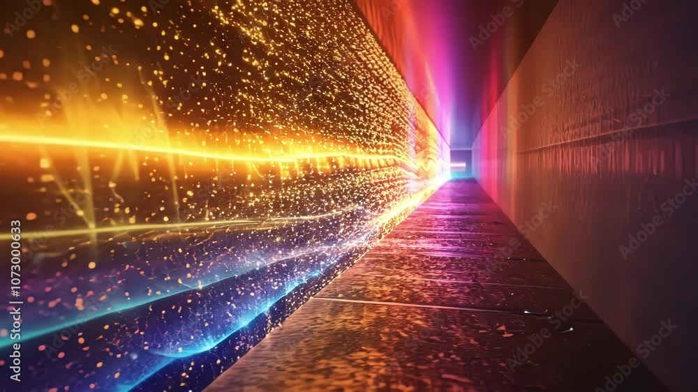 Poster a particle is shown phasing through a solid wall leaving behind a trail of colorful light.