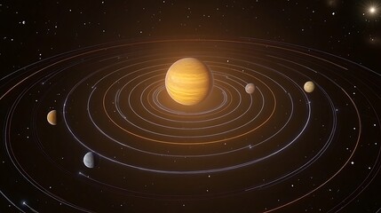 A stylized representation of a solar system with planets orbiting a central star.