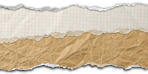 Naklejka premium Tattered and Torn A Composition of Crumpled Brown Paper and Lined Notebook Paper, Rendered in High Detail