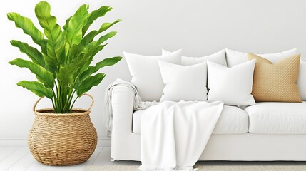 A cozy living room featuring a white sofa, decorative pillows, and a large potted plant.