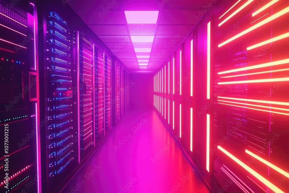 Poster a futuristic server room with rows of servers illuminated in neon lights.