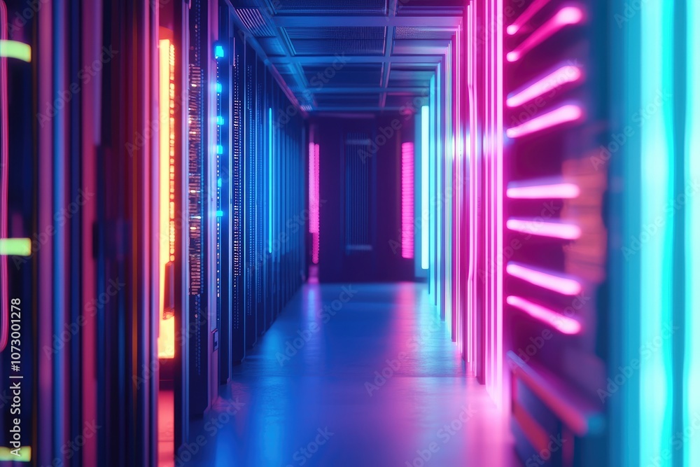 Poster a futuristic server room with rows of servers illuminated in neon lights.