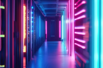A futuristic server room with rows of servers illuminated in neon lights.