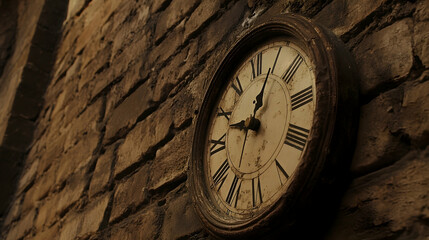 Fototapeta premium A vintage, round clock hangs on a brick wall with Roman numerals and weathered hands.
