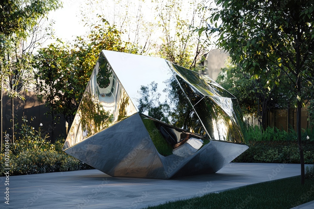 Aufkleber a 3d geometric structure with mirrored surfaces reflecting the surrounding environment.