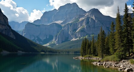 Rocky Mountains, Alberta, Canada, majestic mountain peaks, pristine lakes, and dense forests in the rugged Rocky Mountains, showcasing untouched wilderness and scenic beauty.