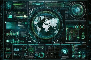 Fototapeta premium A futuristic dashboard displaying cyber threat levels and system security status.