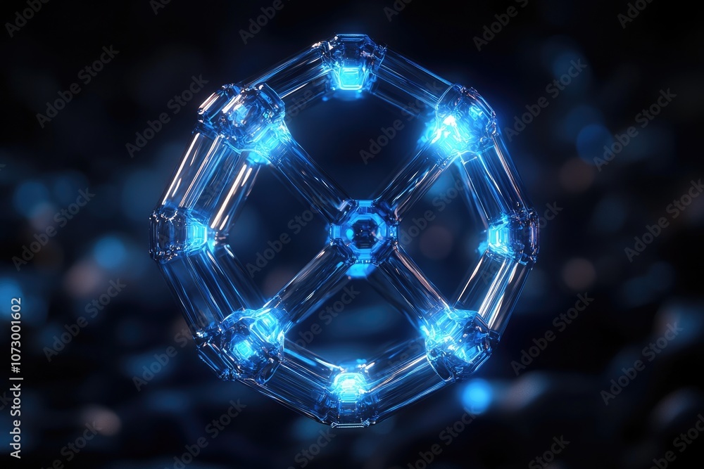 Aufkleber a floating 3d shape composed of interconnected cubes and spheres, glowing in the dark.