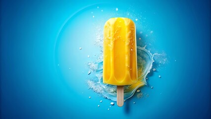 A vibrant yellow popsicle melts into a refreshing blue pool, creating a burst of frozen delight