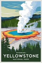 Vintage Travel Poster for Yellowstone National Park, Wyoming: A Retro Illustration Featuring Geysers, Vibrant Colors, and Scenic Nature Views