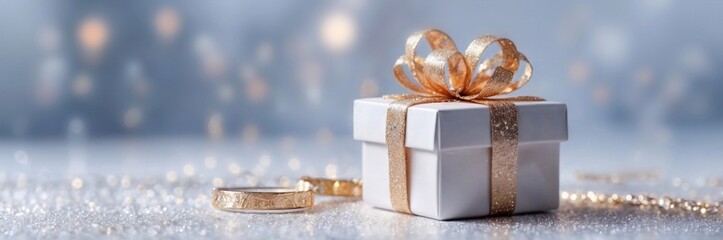 Gift box in white with gold ribbon, surrounded by sparkling background