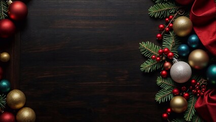 Wooden surface for text surrounded by pine branches, red and gold ornaments