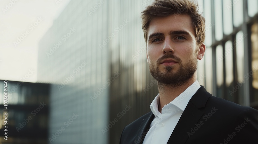 Poster a man in a suit and tie stands in front of a building