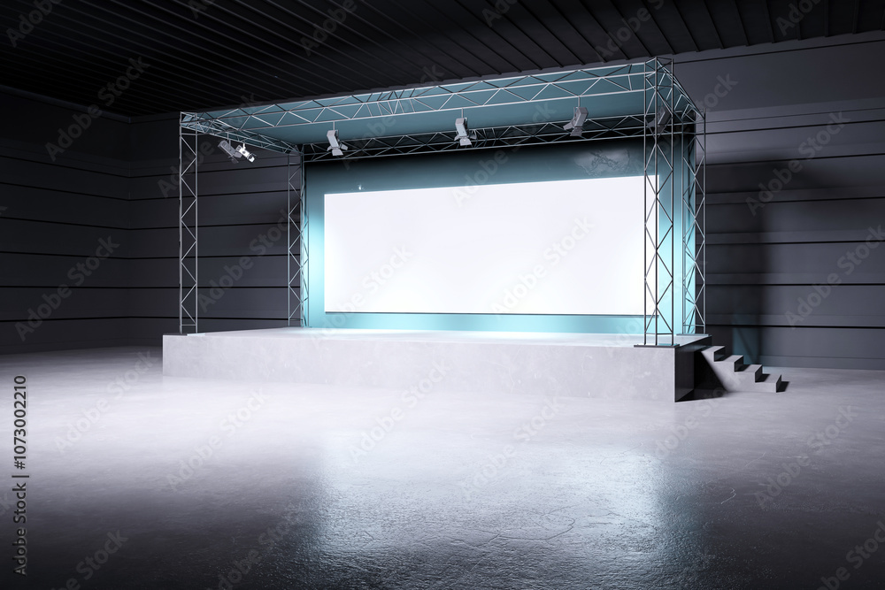 Poster Empty exhibition stage with lighting and large screen. 3D Rendering