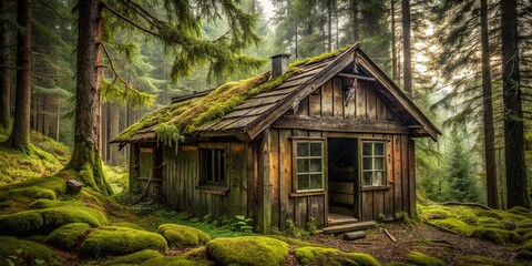 A Mossy Cabin Nestled in a Verdant Forest, Bathed in Soft Light, With a Gentle Breeze Stirring the Treetops