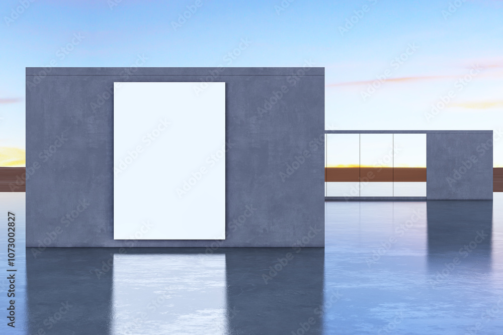 Poster modern outdoor wall with blank canvas at dusk. 3d rendering