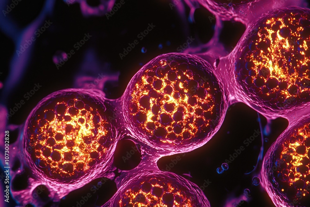 Poster a close-up of a microscope displaying biological cells under examination.
