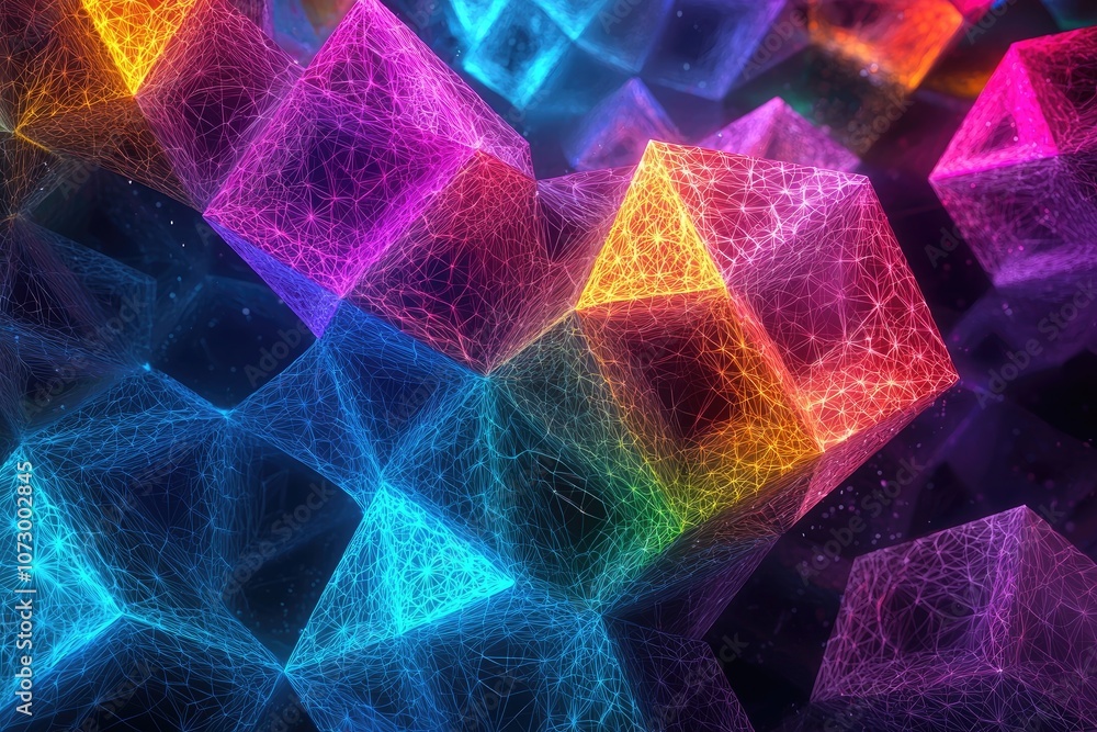 Aufkleber abstract 3d cubes and cones interwoven in a dynamic pattern, glowing with neon colors.
