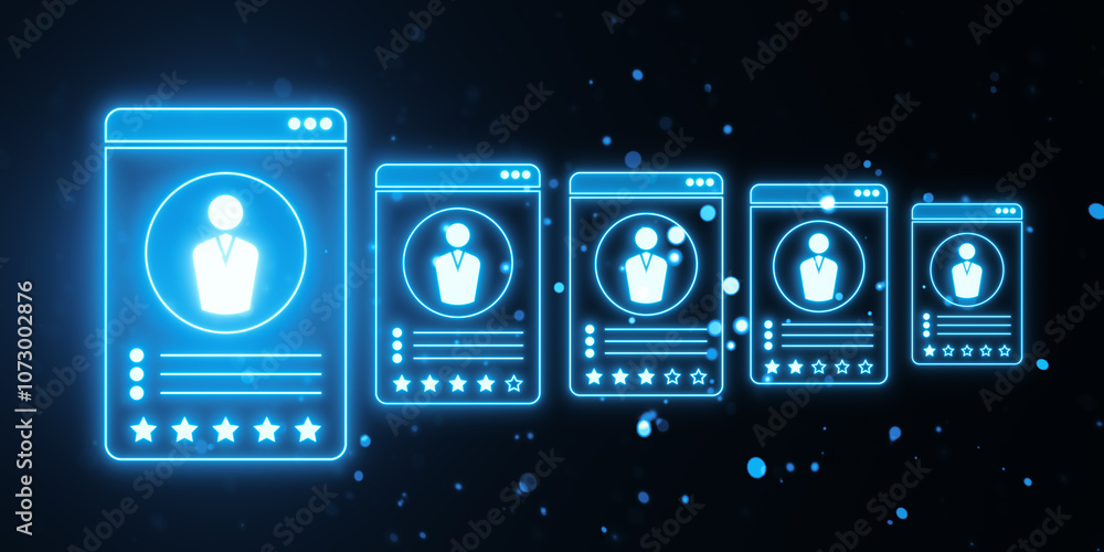 Aufkleber Neon glowing digital profiles interface, showcasing user icons and rating stars in a blue virtual environment background. 3D Rendering