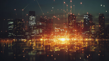 Obraz premium Smart digital Innovation city Business skyscrapers in the Financial District with connection network reciprocity over the cityscape. of future smart wireless digital city and social media networking