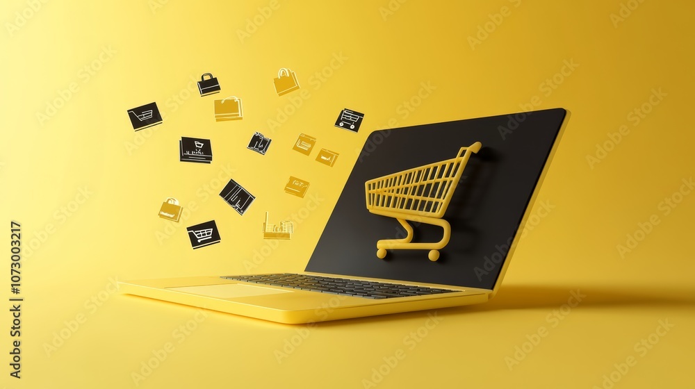Poster shopping cart icon coming out of a laptop screen with various purchase icons floating around on a ye