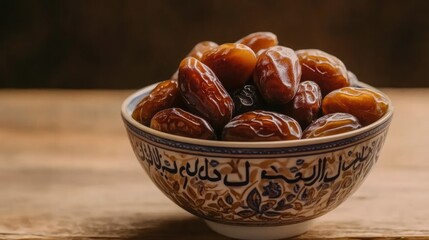 Fresh Dates in Decorative Bowl on Wooden Surface