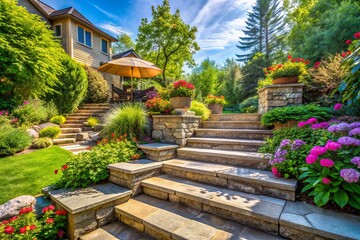 Stone Steps Leading to a Serene Patio and Lush Backyard Oasis: A Perfect Blend of Nature and Architectural Beauty in a Tranquil Outdoor Space