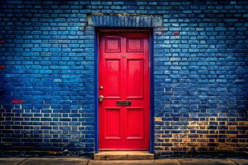 Striking Contrast: A Bright Red Door Against a Dark Blue Brick Wall for Candid Photography Inspiration