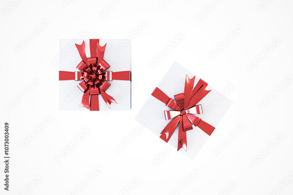Poster two white gift boxes with shiny red ribbons and bows on a light background. 3d rendering