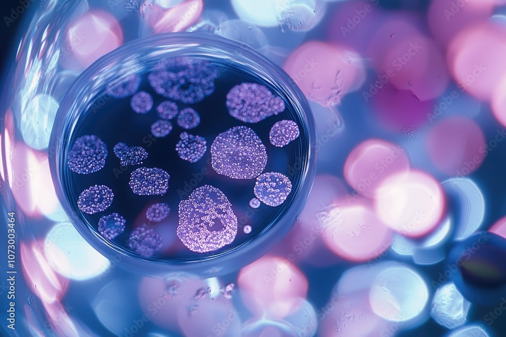 Poster a close-up of a microscope displaying biological cells under examination.