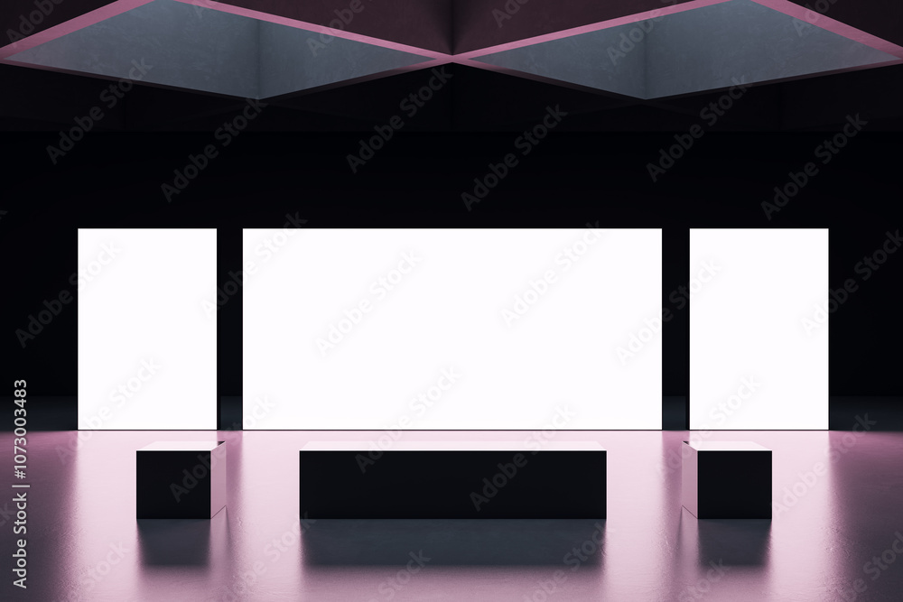 Poster modern exhibition space with illuminated panels in dark room. 3d rendering