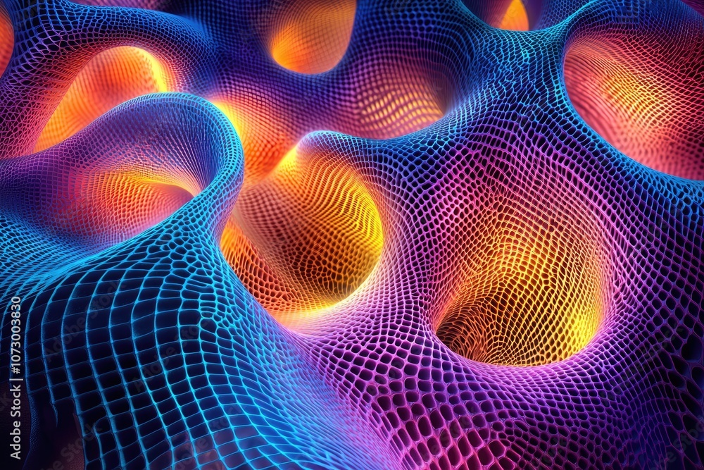 Poster abstract 3d cubes and cones interwoven in a dynamic pattern, glowing with neon colors.