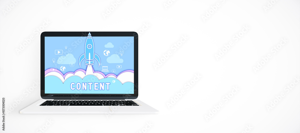 Poster laptop with content marketing concept on screen, showing a rocket launch graphic on a white backgrou
